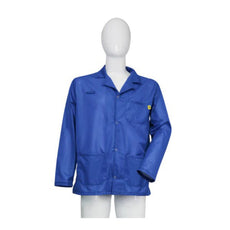 Tecstat LR 95% Poly, 5% Carbon Fiber Stretchable Royal Blue ESD Smock, Waist Length, Lapel Collar, Snaps in Front, Knit Cuffs, SM - ESM-AL12_I2-T4