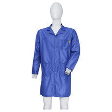 Tecstat LR 95% Poly, 5% Carbon Fiber Stretchable Royal Blue ESD Smock, Knee Length, Lapel Collar, Snaps in Front, Knit Cuffs, SM - ESM-AL22_I2-T4