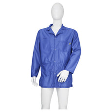 Tecstat LR 95% Poly, 5% Carbon Fiber Stretchable Royal Blue ESD Smock, Thigh Length, Lapel Collar, Snaps in Front & Cuffs, SM - ESM-AL32