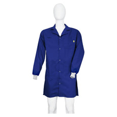 Tecstat PA 66% Poly,  32% Cotton, 2% Carbon Fiber NAVY BLUE ESD Smock, Knee Length, Lapel Collar, Snaps in Front, Knit Cuffs, 4XLG - ESM-M128_I2-T4