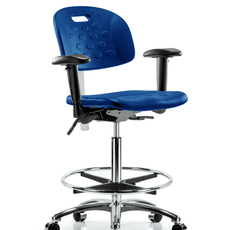 Class 100 Newport Industrial Polyurethane Clean Room Chair - High Bench Height with Seat Tilt, Adjustable Arms, Chrome Foot Ring, & Casters in Blue Polyurethane - CLR-HPHBCH-CR-T1-A1-CF-CC-BLU
