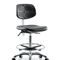 Class 10 Polyurethane Clean Room Chair - High Bench Height with Chrome Foot Ring & Casters in Black Polyurethane - CLR-PHBCH-CR-CF-CC-BLK