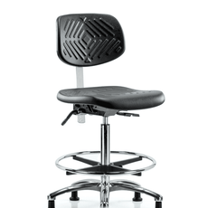 Class 10 Polyurethane Clean Room Chair - High Bench Height with Chrome Foot Ring & Stationary Glides in Black Polyurethane - CLR-PHBCH-CR-CF-RG-BLK