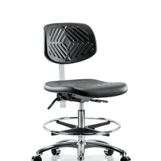 Class 10 Polyurethane Clean Room Chair - Medium Bench Height with Chrome Foot Ring & Casters in Black Polyurethane - CLR-PMBCH-CR-CF-CC-BLK