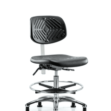Class 10 Polyurethane Clean Room Chair - Medium Bench Height with Chrome Foot Ring & Stationary Glides in Black Polyurethane - CLR-PMBCH-CR-CF-RG-BLK