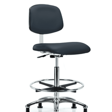 Class 10 Clean Room Vinyl Chair Chrome - High Bench Height with Chrome Foot Ring & Stationary Glides in Imperial Blue Trailblazer Vinyl - CLR-VHBCH-CR-CF-RG-8582