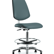 Class 10 Clean Room Vinyl Chair Chrome - High Bench Height with Medium Back, Chrome Foot Ring, & Stationary Glides in Colonial Blue Trailblazer Vinyl - CLR-VHBCH-MB-CR-CF-RG-8546