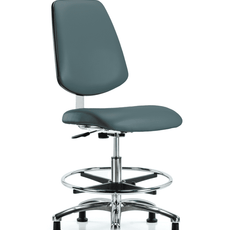 Class 10 Clean Room Vinyl Chair Chrome - Medium Bench Height with Medium Back, Chrome Foot Ring, & Stationary Glides in Colonial Blue Trailblazer Vinyl - CLR-VMBCH-MB-CR-CF-RG-8546