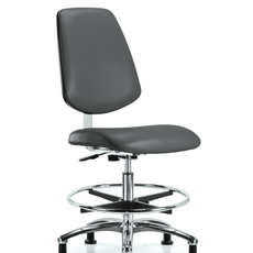 Class 10 Clean Room Vinyl Chair Chrome - Medium Bench Height with Medium Back, Chrome Foot Ring, & Stationary Glides in Carbon Supernova Vinyl - CLR-VMBCH-MB-CR-CF-RG-8823