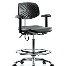 Polyurethane ESD Chair - High Bench Height with Chrome Foot Ring, Seat Tilt, Adjustable Arms, & ESD Casters - ESD-PHBCH-CR-T1-A1-CF-EC