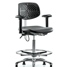 Polyurethane ESD Chair - High Bench Height with Chrome Foot Ring, Seat Tilt, Adjustable Arms, & ESD Stationary Glides - ESD-PHBCH-CR-T1-A1-CF-EG