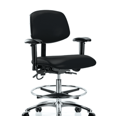 Vinyl ESD Chair - Medium Bench Height with Seat Tilt, Adjustable Arms, Chrome Foot Ring, & ESD Casters in ESD Black Vinyl - ESD-VMBCH-CR-T1-A1-CF-EC-ESDBLK