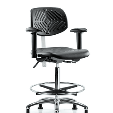 Class 100 Polyurethane Clean Room Chair - High Bench Height with Adjustable Arms, Chrome Foot Ring, & Stationary Glides in Black Polyurethane - NCR-PHBCH-CR-T0-A1-CF-RG-BLK