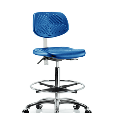 Class 100 Polyurethane Clean Room Chair - High Bench Height with Seat Tilt, Chrome Foot Ring, & Casters in Blue Polyurethane - NCR-PHBCH-CR-T1-A0-CF-CC-BLU