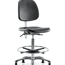 Class 100 Polyurethane Clean Room Chair - High Bench Height with Medium Back, Seat Tilt, Chrome Foot Ring, & Stationary Glides in Black Polyurethane - NCR-PHBCH-MB-CR-T1-A0-CF-RG-BLK