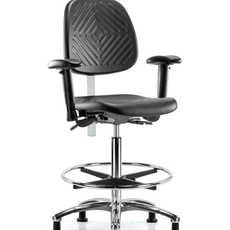 Class 100 Polyurethane Clean Room Chair - High Bench Height with Medium Back, Seat Tilt, Adjustable Arms, Chrome Foot Ring, & Stationary Glides in Black Polyurethane - NCR-PHBCH-MB-CR-T1-A1-CF-RG-BLK