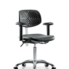 Class 100 Polyurethane Clean Room Chair - Medium Bench Height with Seat Tilt, Adjustable Arms, & Casters in Black Polyurethane - NCR-PMBCH-CR-T1-A1-NF-CC-BLK