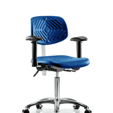 Class 100 Polyurethane Clean Room Chair - Medium Bench Height with Seat Tilt, Adjustable Arms, & Casters in Blue Polyurethane - NCR-PMBCH-CR-T1-A1-NF-CC-BLU