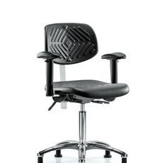 Class 100 Polyurethane Clean Room Chair - Medium Bench Height with Seat Tilt, Adjustable Arms, & Stationary Glides in Black Polyurethane - NCR-PMBCH-CR-T1-A1-NF-RG-BLK