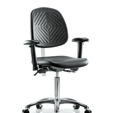 Class 100 Polyurethane Clean Room Chair - Medium Bench Height with Medium Back, Seat Tilt, Adjustable Arms, & Casters in Black Polyurethane - NCR-PMBCH-MB-CR-T1-A1-NF-CC-BLK