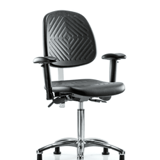 Class 100 Polyurethane Clean Room Chair - Medium Bench Height with Medium Back, Seat Tilt, Adjustable Arms, & Stationary Glides in Black Polyurethane - NCR-PMBCH-MB-CR-T1-A1-NF-RG-BLK