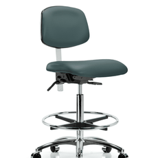 Class 100 Vinyl Clean Room Chair - High Bench Height with Chrome Foot Ring & Casters in Colonial Blue Trailblazer Vinyl - NCR-VHBCH-CR-T0-A0-CF-CC-8546