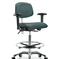 Class 100 Vinyl Clean Room Chair - High Bench Height with Adjustable Arms, Chrome Foot Ring, & Casters in Colonial Blue Trailblazer Vinyl - NCR-VHBCH-CR-T0-A1-CF-CC-8546