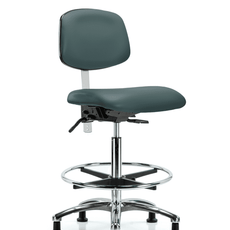 Class 100 Vinyl Clean Room Chair - High Bench Height with Seat Tilt, Chrome Foot Ring, & Stationary Glides in Colonial Blue Trailblazer Vinyl - NCR-VHBCH-CR-T1-A0-CF-RG-8546