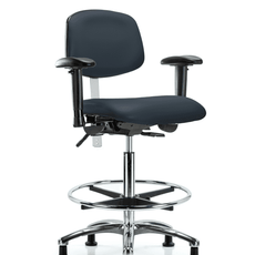 Class 100 Vinyl Clean Room Chair - High Bench Height with Seat Tilt, Adjustable Arms, Chrome Foot Ring, & Stationary Glides in Imperial Blue Trailblazer Vinyl - NCR-VHBCH-CR-T1-A1-CF-RG-8582