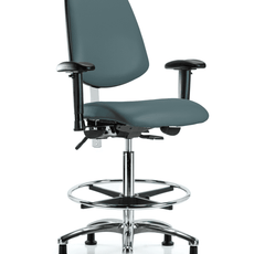 Class 100 Vinyl Clean Room Chair - High Bench Height with Medium Back, Adjustable Arms, Chrome Foot Ring, & Stationary Glides in Colonial Blue Trailblazer Vinyl - NCR-VHBCH-MB-CR-T0-A1-CF-RG-8546