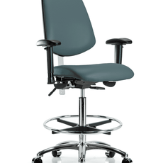 Class 100 Vinyl Clean Room Chair - High Bench Height with Medium Back, Seat Tilt, Adjustable Arms, Chrome Foot Ring, & Casters in Colonial Blue Trailblazer Vinyl - NCR-VHBCH-MB-CR-T1-A1-CF-CC-8546