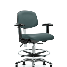 Class 100 Vinyl Clean Room Chair - Medium Bench Height with Adjustable Arms, Chrome Foot Ring, & Stationary Glides in Colonial Blue Trailblazer Vinyl - NCR-VMBCH-CR-T0-A1-CF-RG-8546