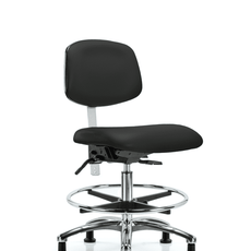Class 100 Vinyl Clean Room Chair - Medium Bench Height with Seat Tilt, Chrome Foot Ring, & Stationary Glides in Black Trailblazer Vinyl - NCR-VMBCH-CR-T1-A0-CF-RG-8540