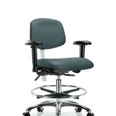 Class 100 Vinyl Clean Room Chair - Medium Bench Height with Seat Tilt, Adjustable Arms, Chrome Foot Ring, & Casters in Colonial Blue Trailblazer Vinyl - NCR-VMBCH-CR-T1-A1-CF-CC-8546