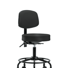 Vinyl Stool with Back - Desk Height with Round Tube Base & Casters in Black Trailblazer Vinyl - VDHST-RT-T0-RC-8540