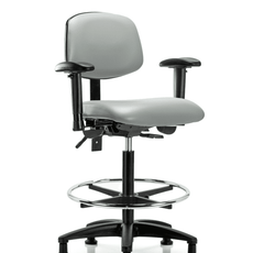 Vinyl Chair - High Bench Height with Adjustable Arms, Chrome Foot Ring, & Stationary Glides in Dove Trailblazer Vinyl - VHBCH-RG-T0-A1-CF-RG-8567