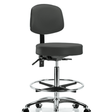 Vinyl Stool with Back Chrome - High Bench Height with Chrome Foot Ring & Casters in Charcoal Trailblazer Vinyl - VHBST-CR-T0-CF-CC-8605