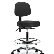 Vinyl Stool with Back Chrome - High Bench Height with Seat Tilt, Chrome Foot Ring, & Casters in Black Trailblazer Vinyl - VHBST-CR-T1-CF-CC-8540