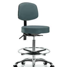 Vinyl Stool with Back Chrome - High Bench Height with Seat Tilt, Chrome Foot Ring, & Casters in Colonial Blue Trailblazer Vinyl - VHBST-CR-T1-CF-CC-8546