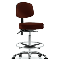 Vinyl Stool with Back Chrome - High Bench Height with Seat Tilt, Chrome Foot Ring, & Casters in Burgundy Trailblazer Vinyl - VHBST-CR-T1-CF-CC-8569
