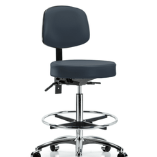 Vinyl Stool with Back Chrome - High Bench Height with Seat Tilt, Chrome Foot Ring, & Casters in Imperial Blue Trailblazer Vinyl - VHBST-CR-T1-CF-CC-8582