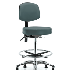 Vinyl Stool with Back Chrome - High Bench Height with Seat Tilt, Chrome Foot Ring, & Stationary Glides in Colonial Blue Trailblazer Vinyl - VHBST-CR-T1-CF-RG-8546