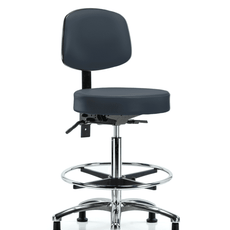 Vinyl Stool with Back Chrome - High Bench Height with Seat Tilt, Chrome Foot Ring, & Stationary Glides in Imperial Blue Trailblazer Vinyl - VHBST-CR-T1-CF-RG-8582