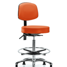 Vinyl Stool with Back Chrome - High Bench Height with Seat Tilt, Chrome Foot Ring, & Stationary Glides in Orange Kist Trailblazer Vinyl - VHBST-CR-T1-CF-RG-8613