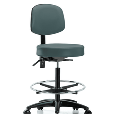 Vinyl Stool with Back - High Bench Height with Seat Tilt, Chrome Foot Ring, & Casters in Colonial Blue Trailblazer Vinyl - VHBST-RG-T1-CF-RC-8546