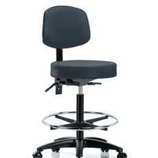 Vinyl Stool with Back - High Bench Height with Seat Tilt, Chrome Foot Ring, & Casters in Imperial Blue Trailblazer Vinyl - VHBST-RG-T1-CF-RC-8582