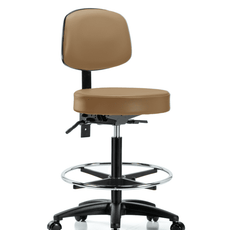Vinyl Stool with Back - High Bench Height with Seat Tilt, Chrome Foot Ring, & Casters in Taupe Trailblazer Vinyl - VHBST-RG-T1-CF-RC-8584