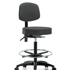 Vinyl Stool with Back - High Bench Height with Seat Tilt, Chrome Foot Ring, & Casters in Charcoal Trailblazer Vinyl - VHBST-RG-T1-CF-RC-8605