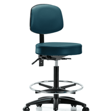 Vinyl Stool with Back - High Bench Height with Seat Tilt, Chrome Foot Ring, & Casters in Marine Blue Supernova Vinyl - VHBST-RG-T1-CF-RC-8801