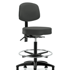 Vinyl Stool with Back - High Bench Height with Seat Tilt, Chrome Foot Ring, & Stationary Glides in Charcoal Trailblazer Vinyl - VHBST-RG-T1-CF-RG-8605